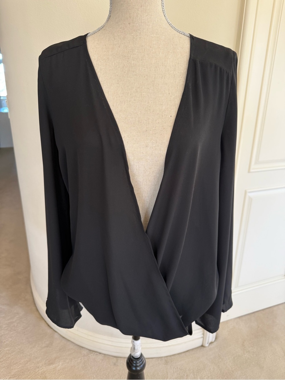 Black Deep V Surplice Long Sleeve Blouse